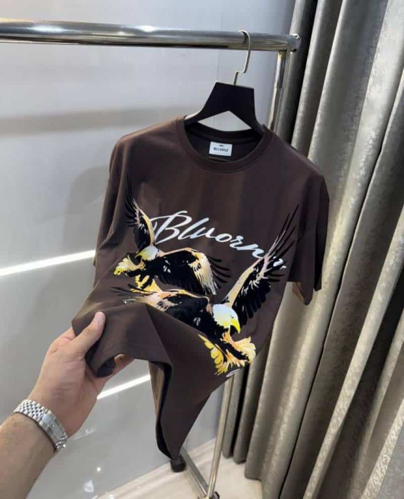 Bluoran g Brown Eagle Embo$sed Print Imported Oversized T-Shirt