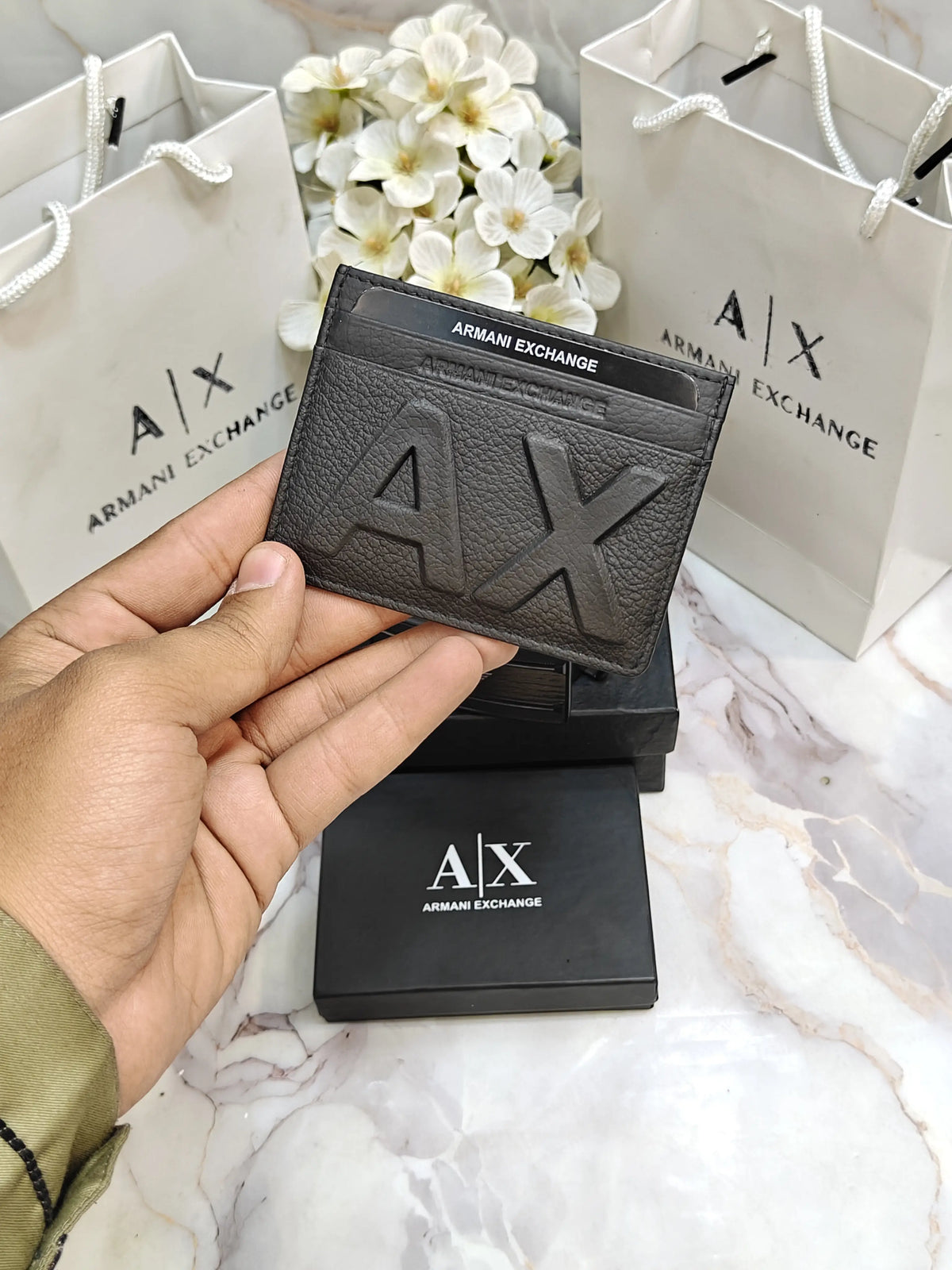 AX ARMANI EXCHANGE PREMIUM QUALITY AUTOLOCK BELT & AX CARD HOLDER WITH OG BOX & CARRY BAG