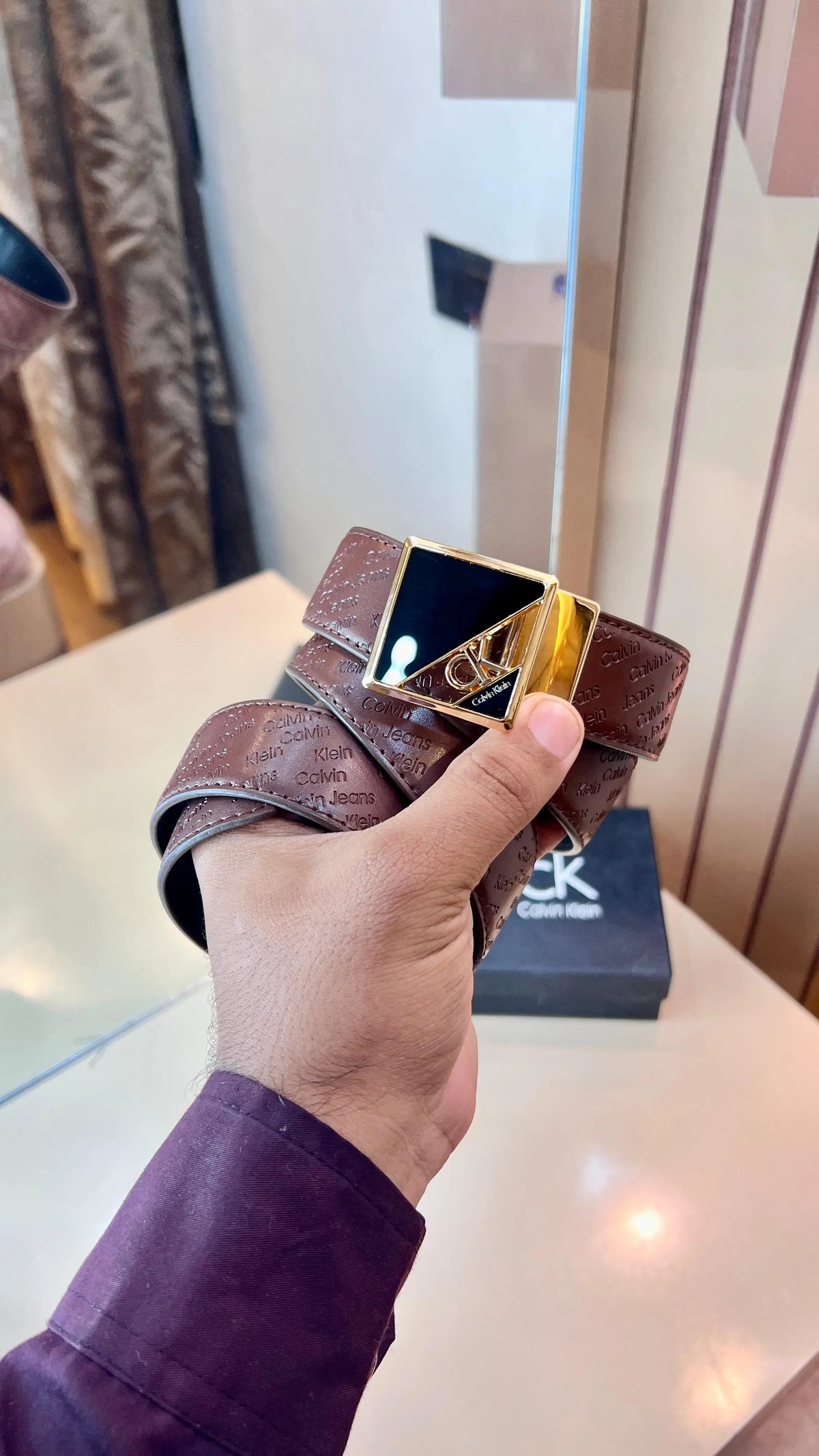 CK CALVIN KLEIN PREMIUM QUALITY EMBOSSED REVERSEABLE BELT WITH OG BOXCK-123