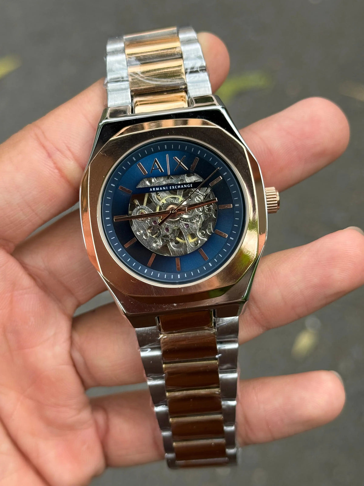 Arman i Exchange Skeleton Square Open Machine Rose Two Tone Blue Dial