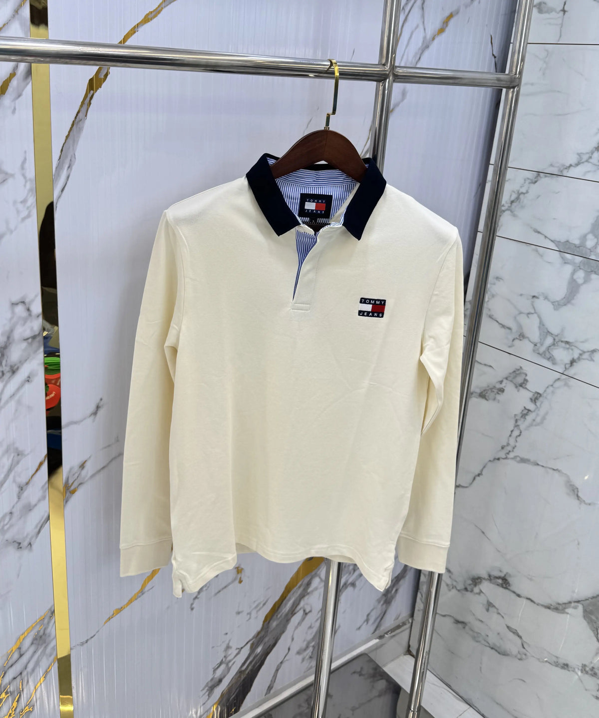 Tommy Hilfiger Cream Logo Work Premium Full Sleeve Polo T-Shirt
