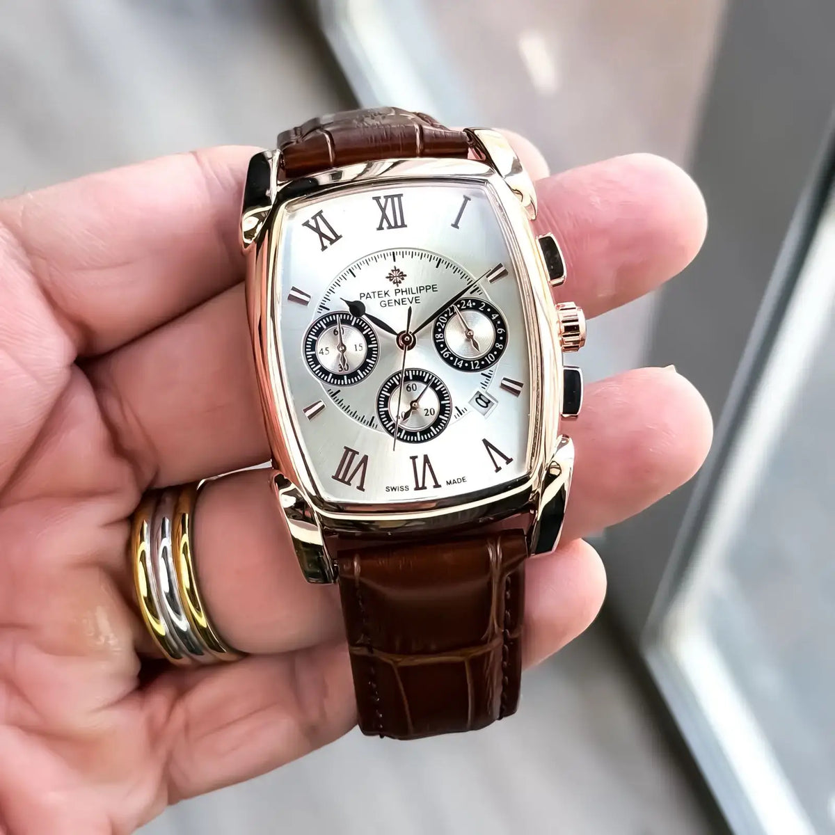 Patek Phillip_e Barrel Chronograph Rose White Brown Belt