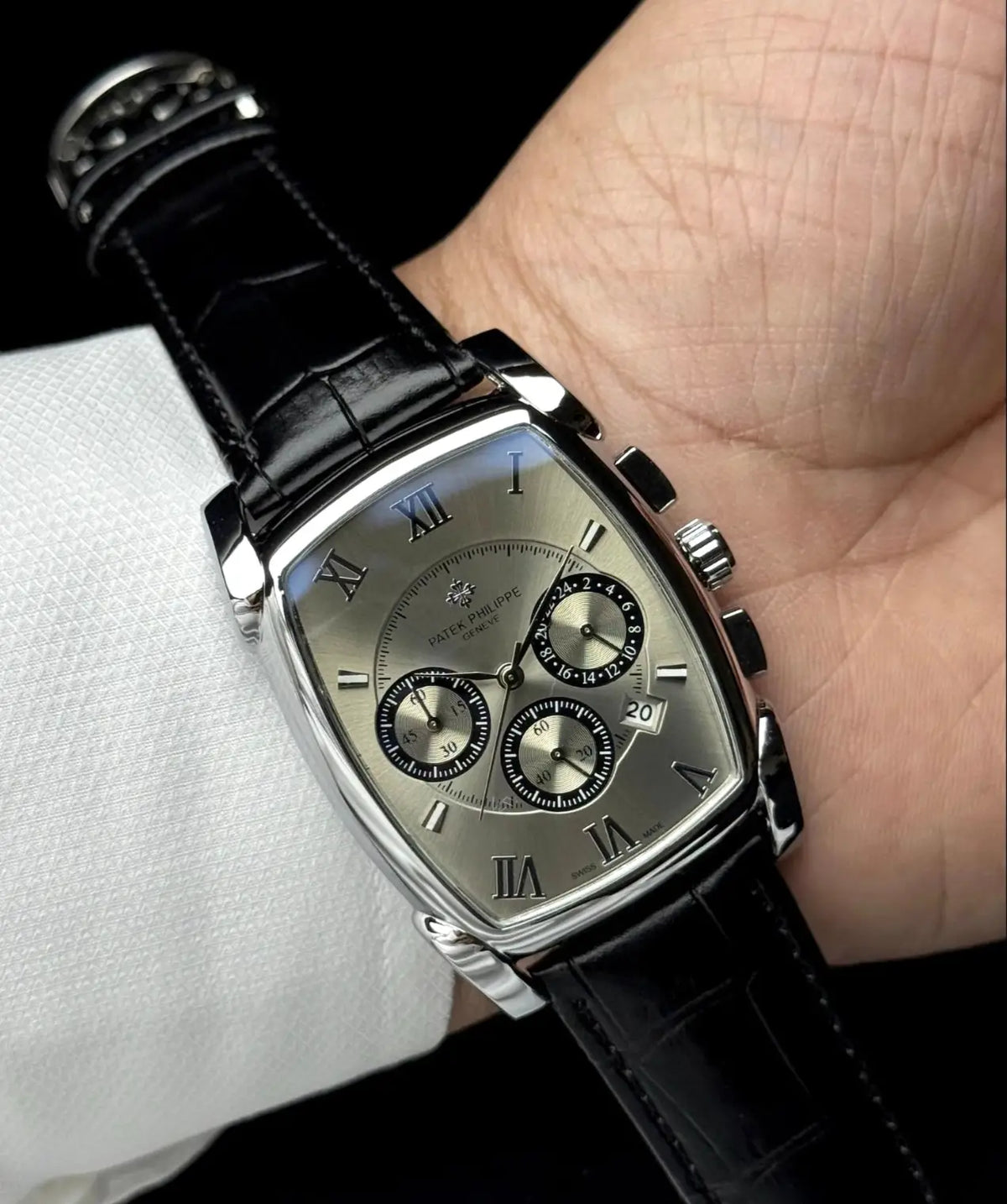 Patek Phillip_e Barrel Chronograph Silver White Black Belt