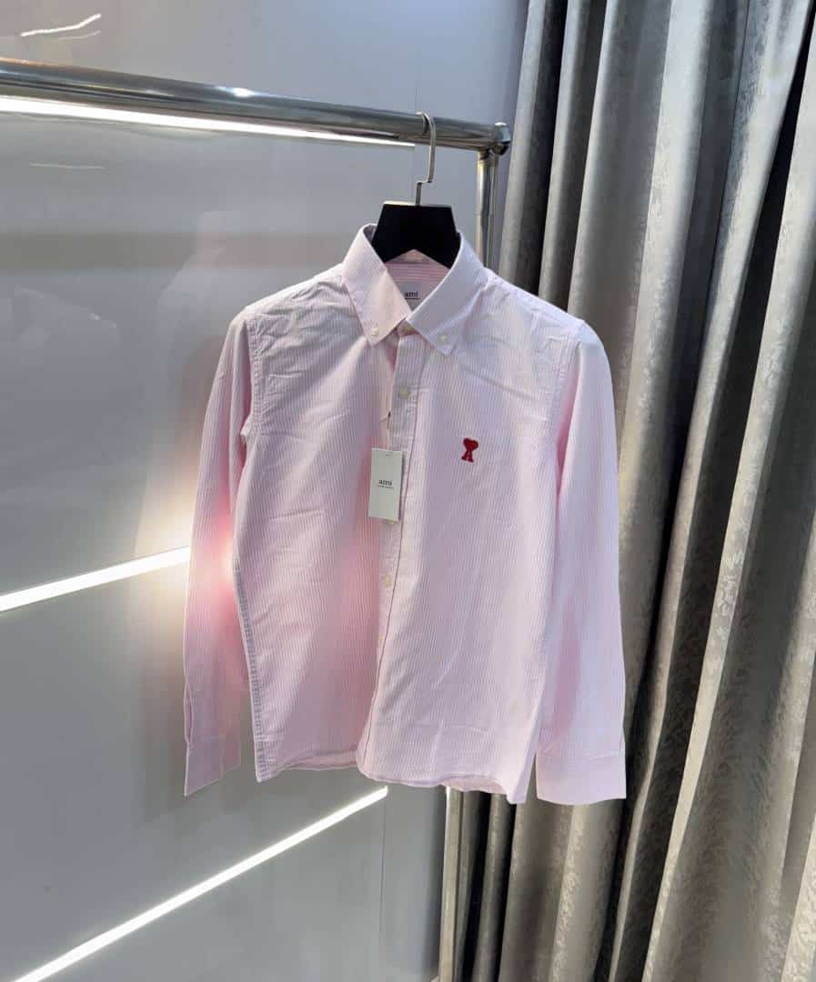 Ami Paris Pink StriPes Embroidery Logo Premium Shirt