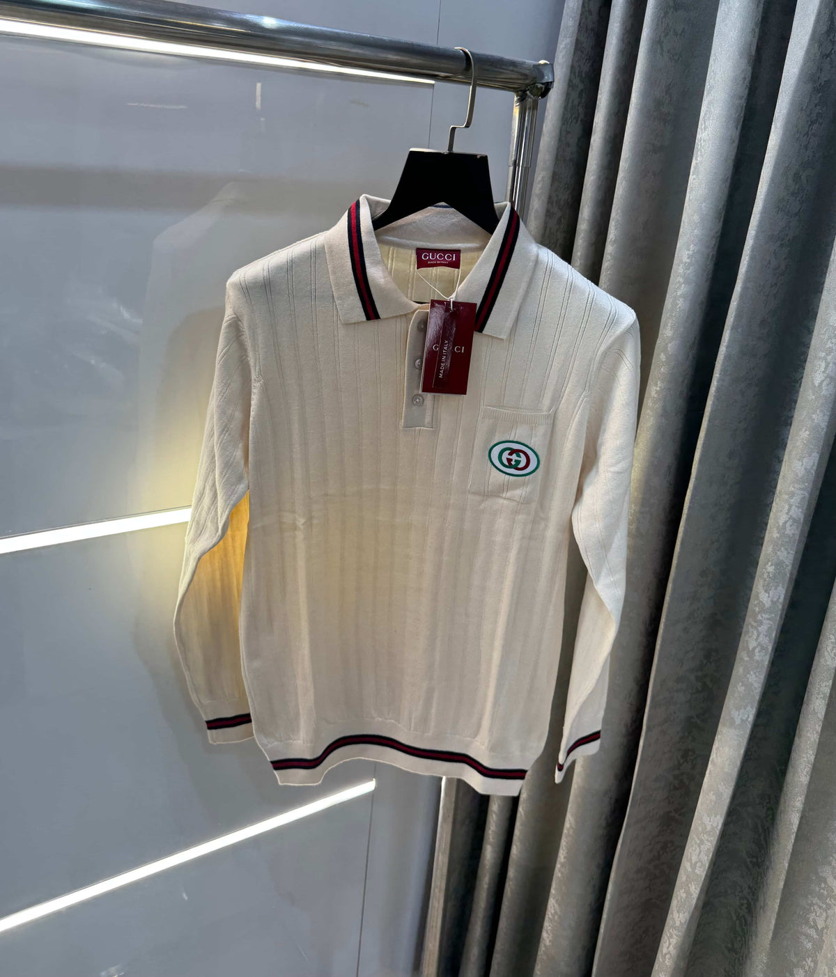 Gucc i Cream Logo Work Imported Knitted Polo T-Shirt