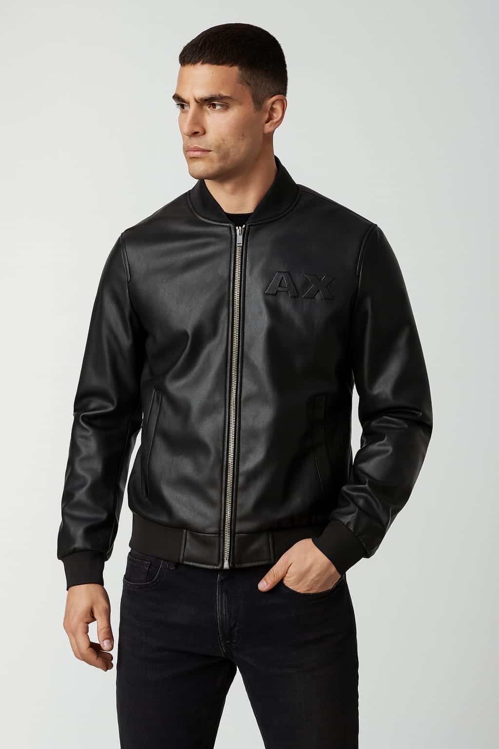 Arman i E...___X..change Black Em6O5S.!ed  Logo Imported Leather Jacket