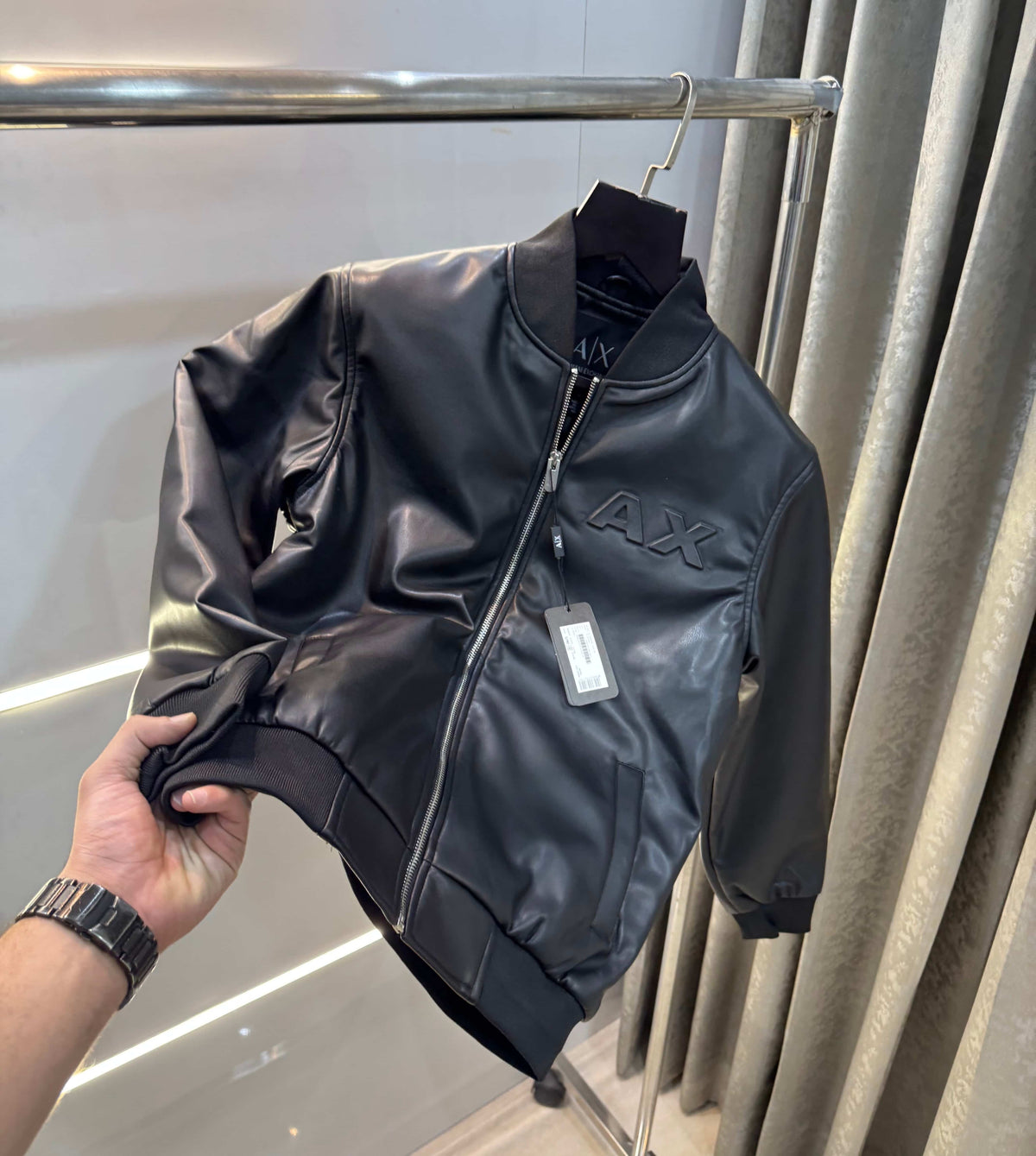 Arman i E...___X..change Black Em6O5S.!ed  Logo Imported Leather Jacket