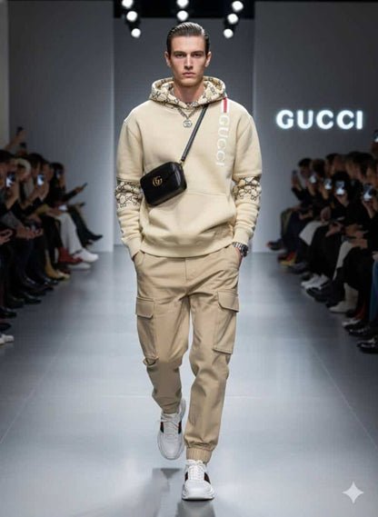 GUCC_I BEIGE PREMIUM HOODIES AVAILABLE IN ULTRA PREMIUM QUALITY WITH MONOGRAM ON SLEEVES