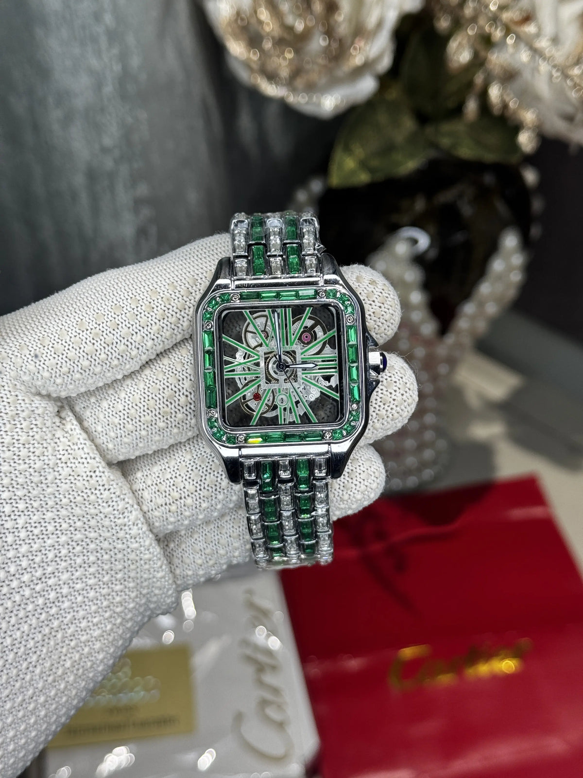 Cartie r Santos Diamond Silver Green Premium Watch