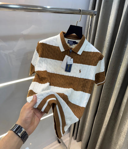 Ralph Laure n Brown StR·Ipes Premium Knitted Polo T-Shirt