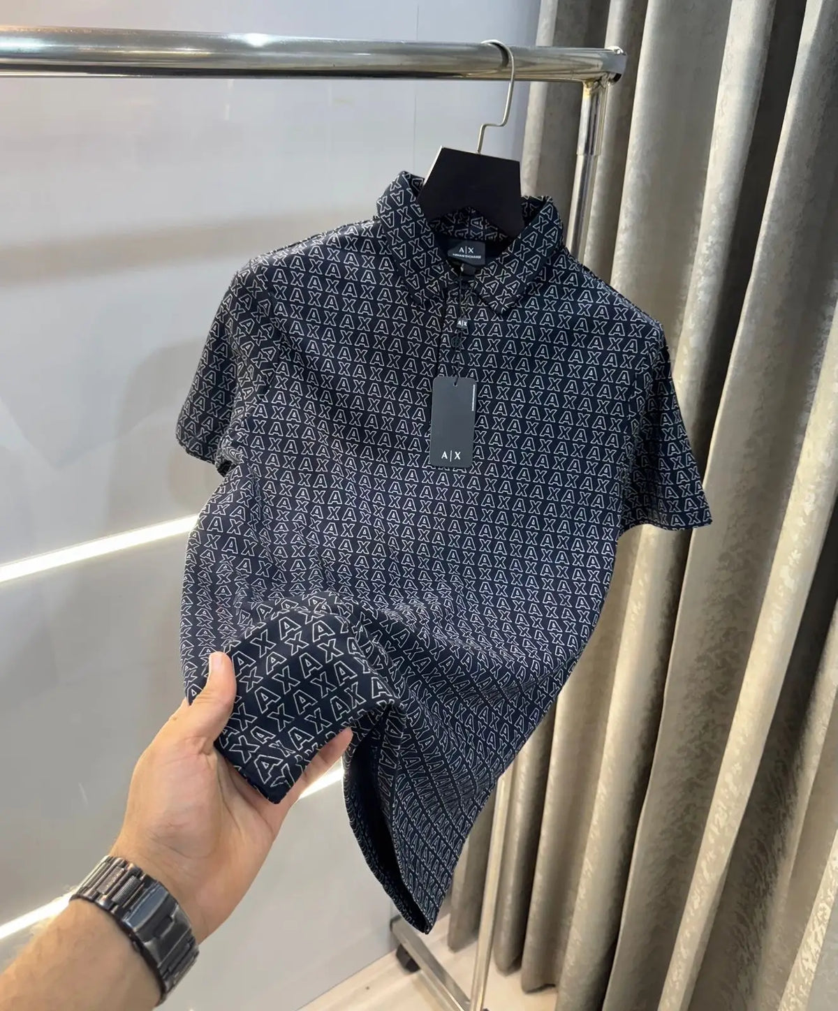 Arman i E_X..chang e Navy Monogr-am Premium Polo T-Shirt