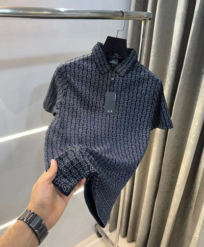 Arman i E_X..chang e Navy Monogr-am Premium Polo T-Shirt