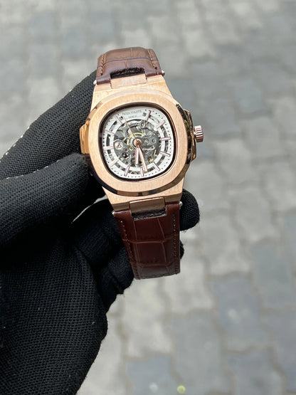 Pate_k Phillipe Leather Belt Automatic Brown Gold White