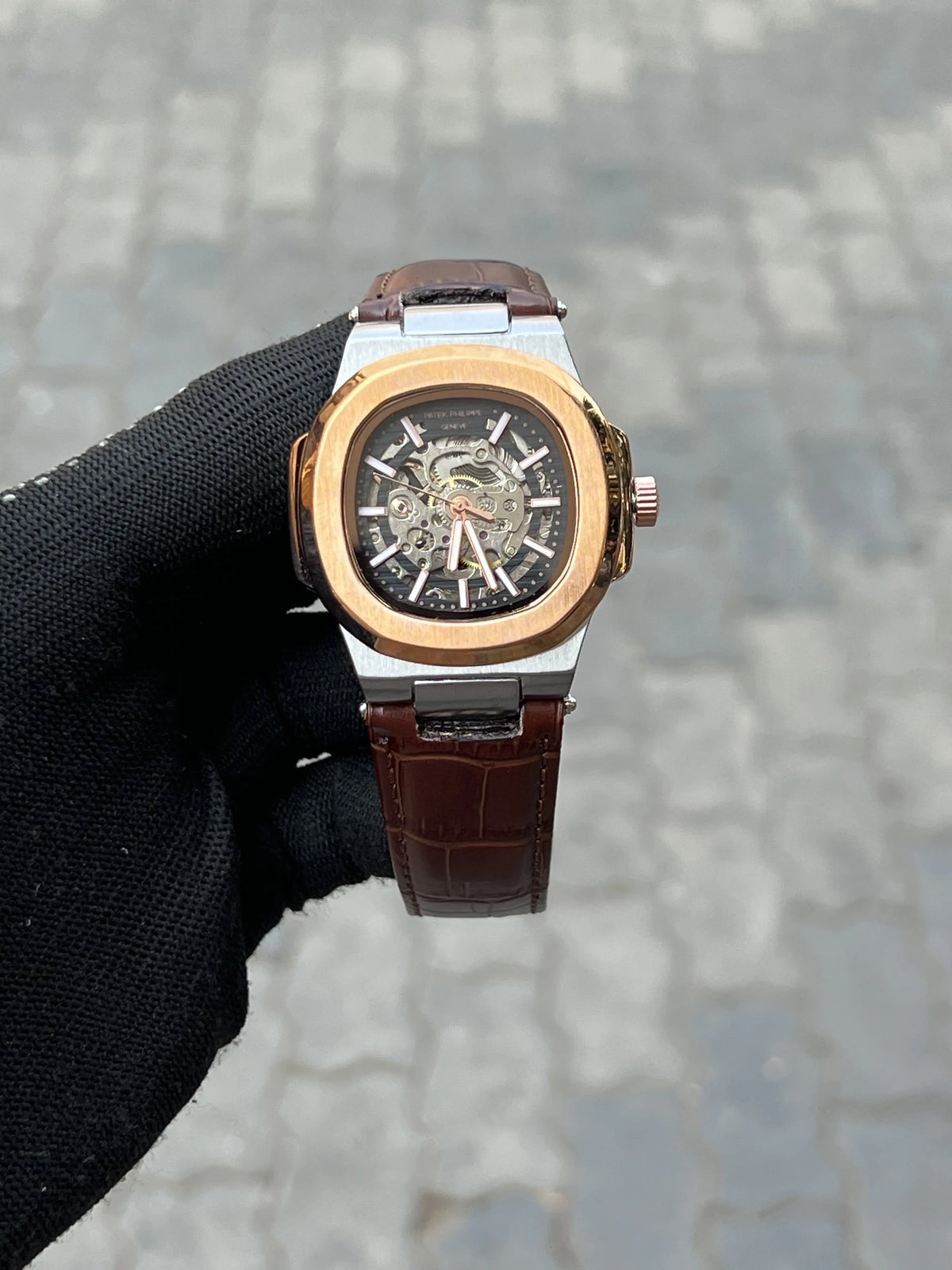 Pate_k Phillipe Automatic Leather Brown Rose Silver