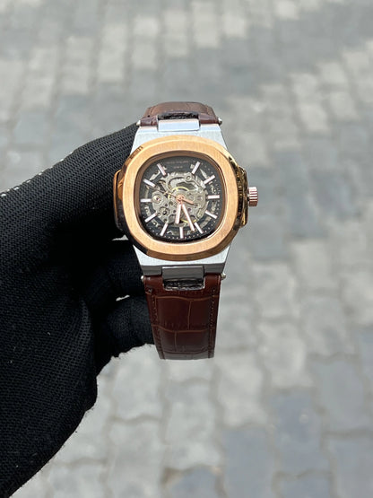 Pate_k Phillipe Automatic Leather Brown Rose Silver
