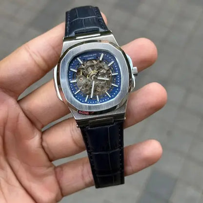 Pate_k Phillipe Automatic Leather Blue Silver