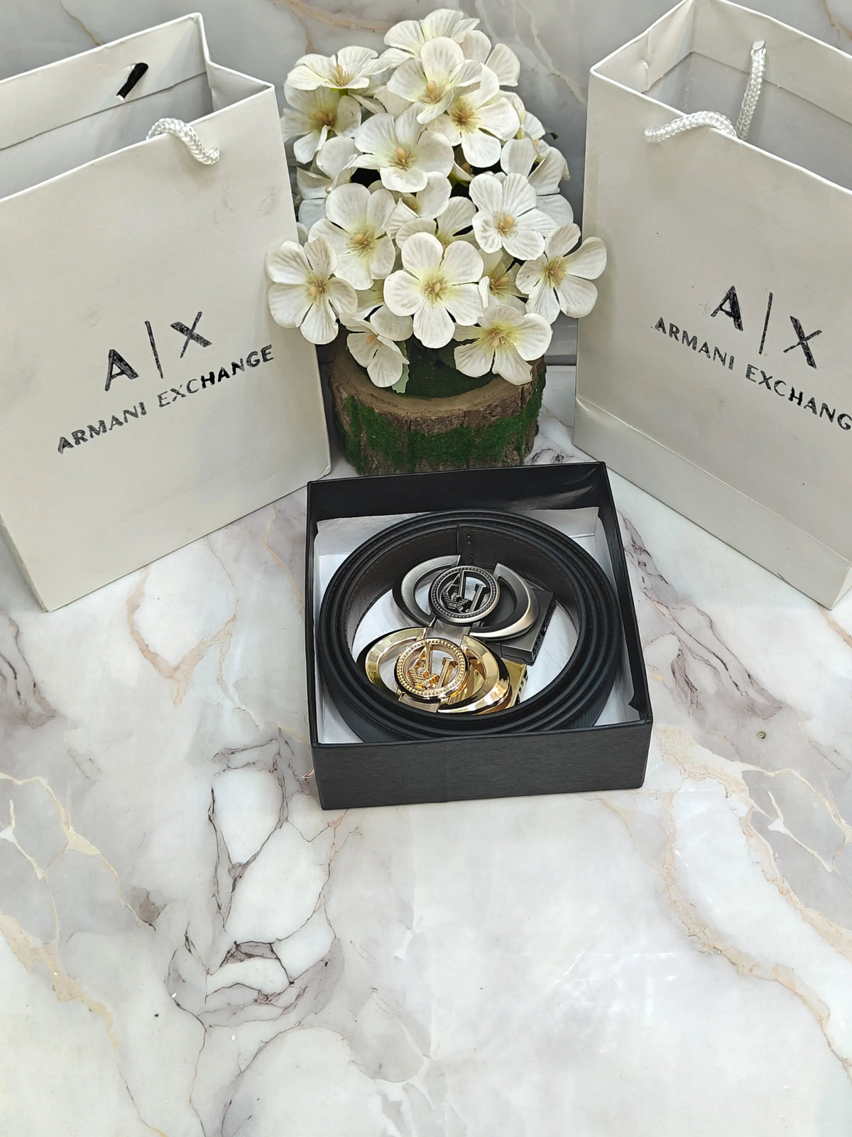 AX ARMANI EXCHANGE PREMIUM QUALITY REVERSEABLE BELT COMBO WITH OG BOX & CARRY BAG
