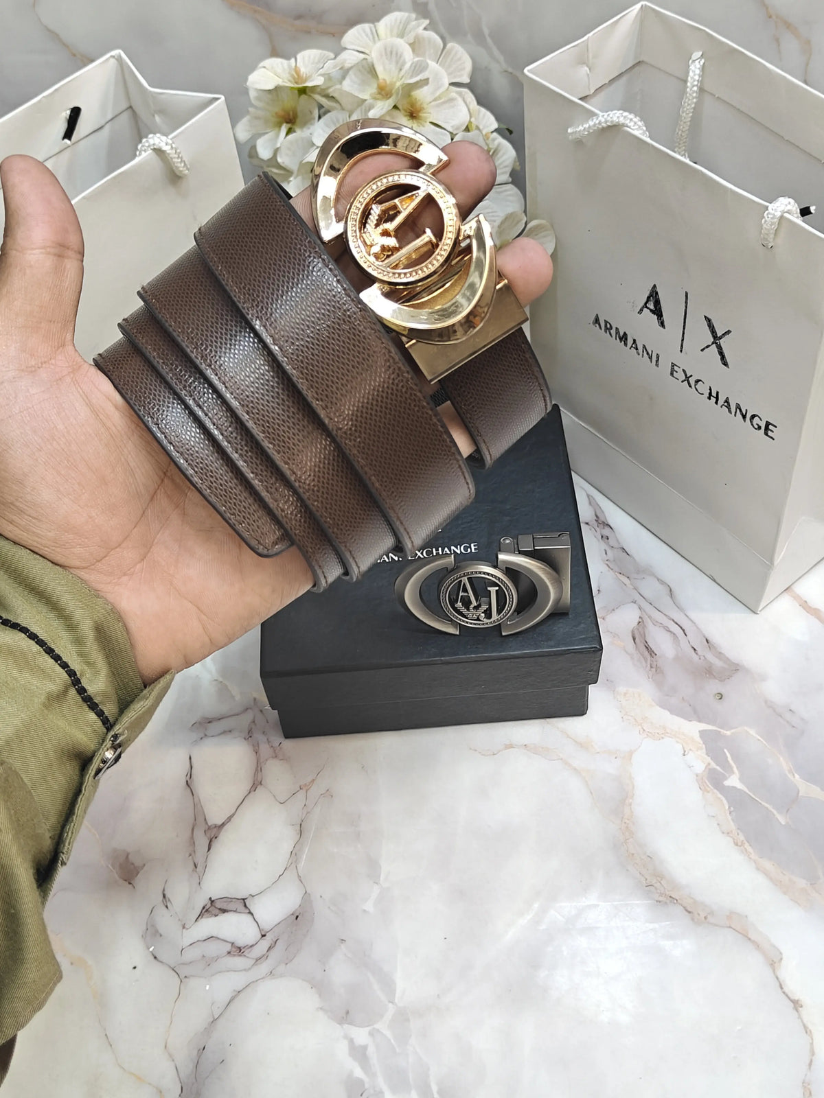 AX ARMANI EXCHANGE PREMIUM QUALITY REVERSEABLE BELT COMBO WITH OG BOX & CARRY BAG