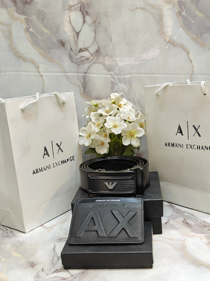 AX ARMANI EXCHANGE PREMIUM QUALITY AUTOLOCK BELT & AX CARD HOLDER WITH OG BOX & CARRY BAG