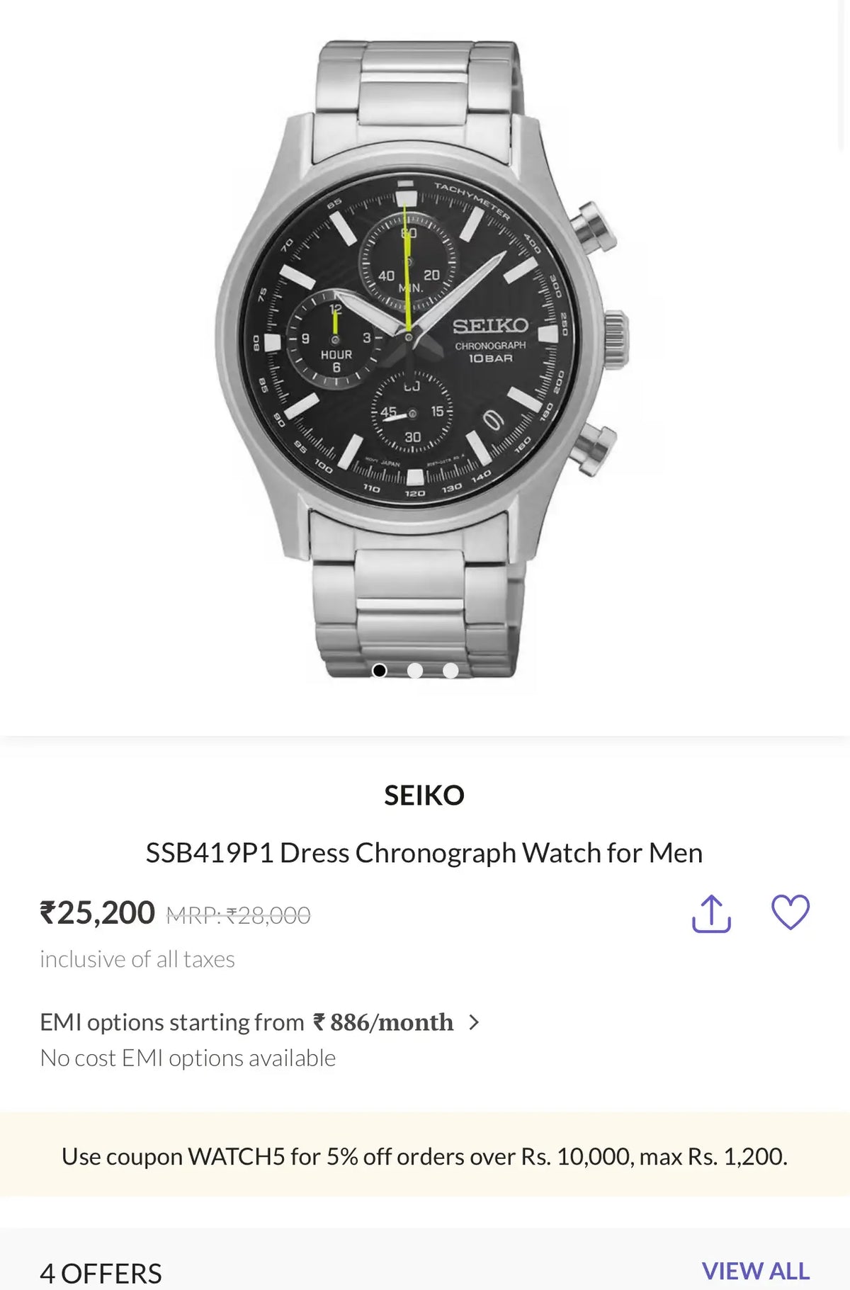 Seiko Dress Silver Black Chronograph Premium Watch