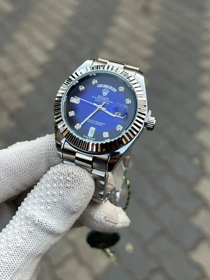 Rolex Day Date Silver Blue Diamond