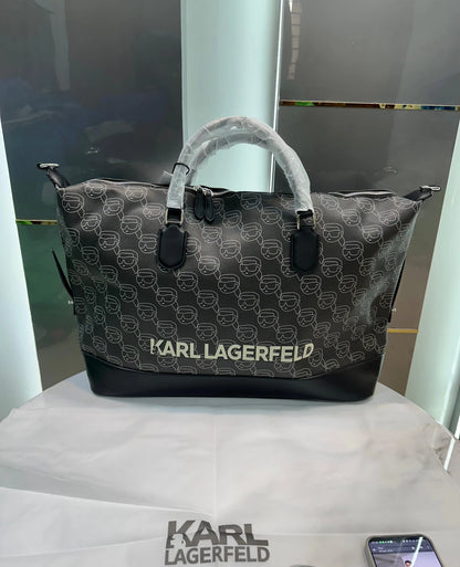 Karl Lagerfel d Brown Black Monogram Luxury Imported Duffel Bag