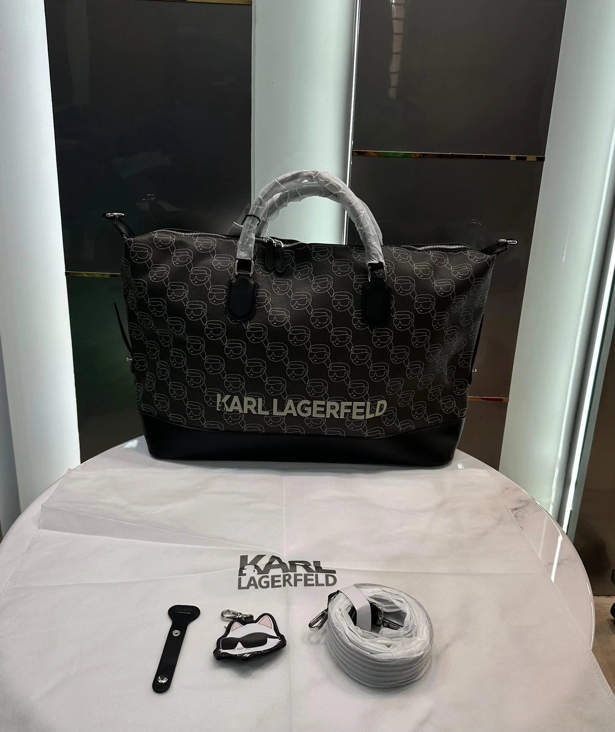 Karl Lagerfel d Brown Black Monogram Luxury Imported Duffel Bag