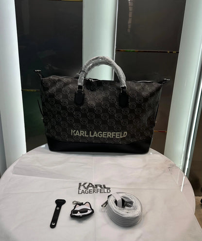 Karl Lagerfel d Brown Black Monogram Luxury Imported Duffel Bag
