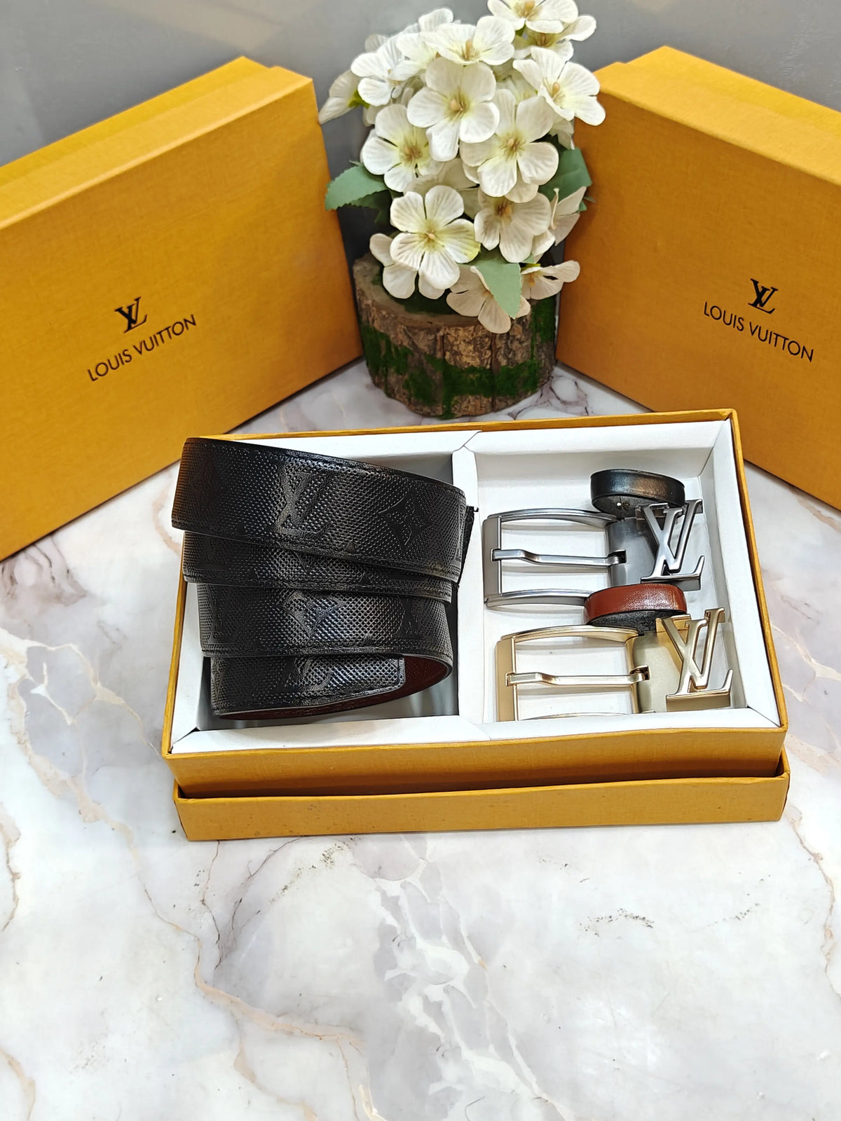 LV LOUIS VUITTON PREMIUM QUALITY TWO BUCKLE WITH EMBOSSED STRIP COMBO WITH OG BOX