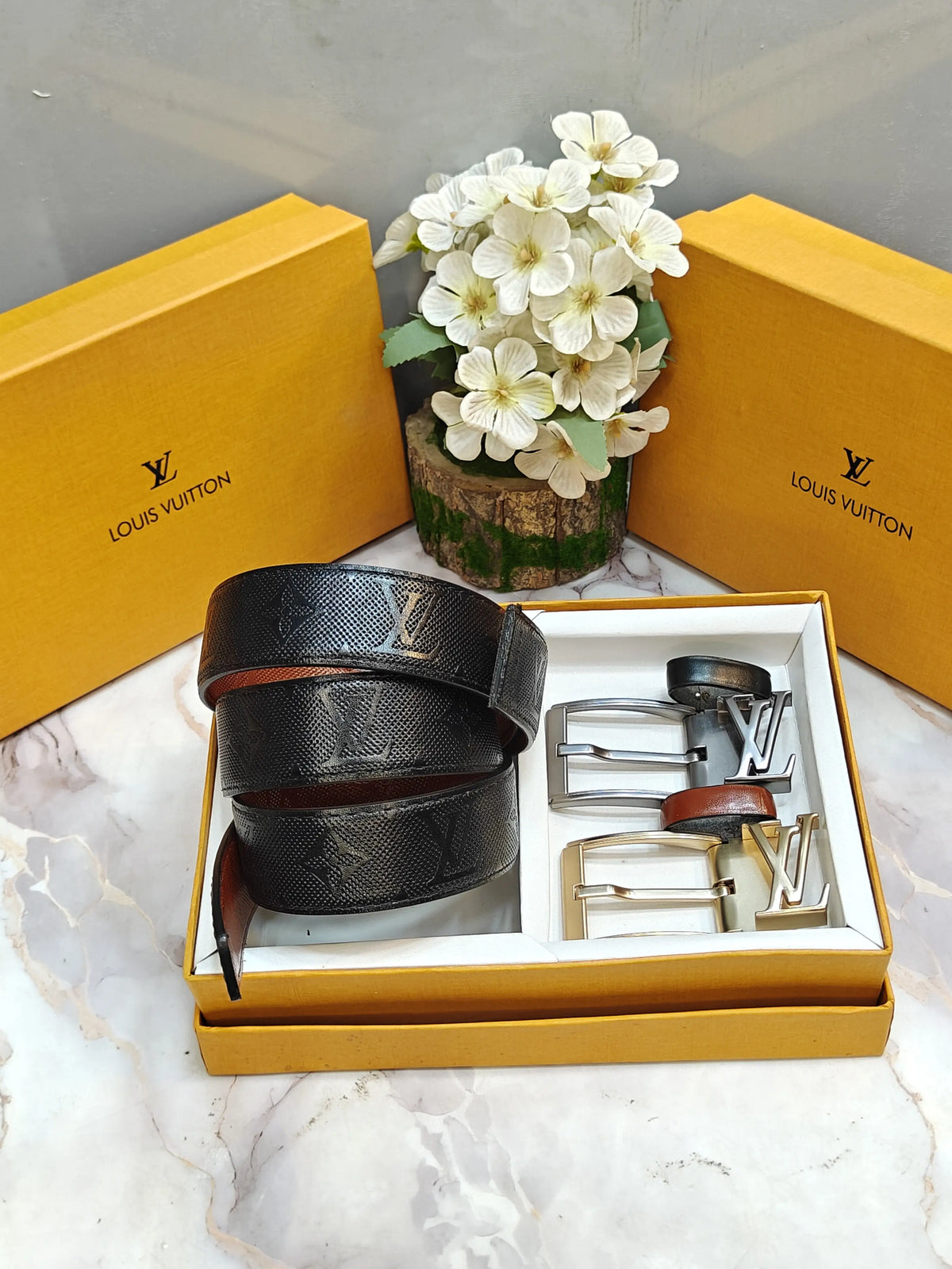 LV LOUIS VUITTON PREMIUM QUALITY TWO BUCKLE WITH EMBOSSED STRIP COMBO WITH OG BOX