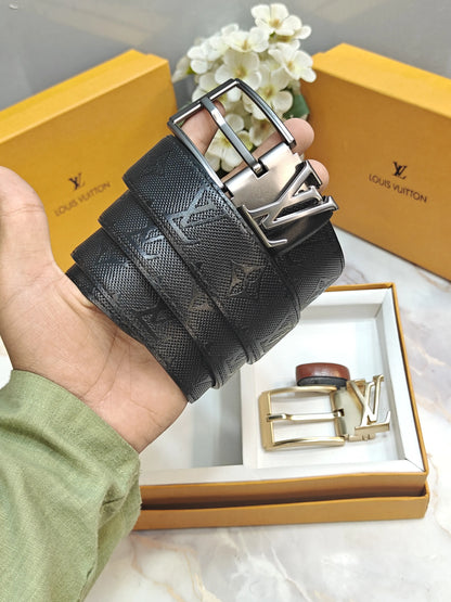 LV LOUIS VUITTON PREMIUM QUALITY TWO BUCKLE WITH EMBOSSED STRIP COMBO WITH OG BOX