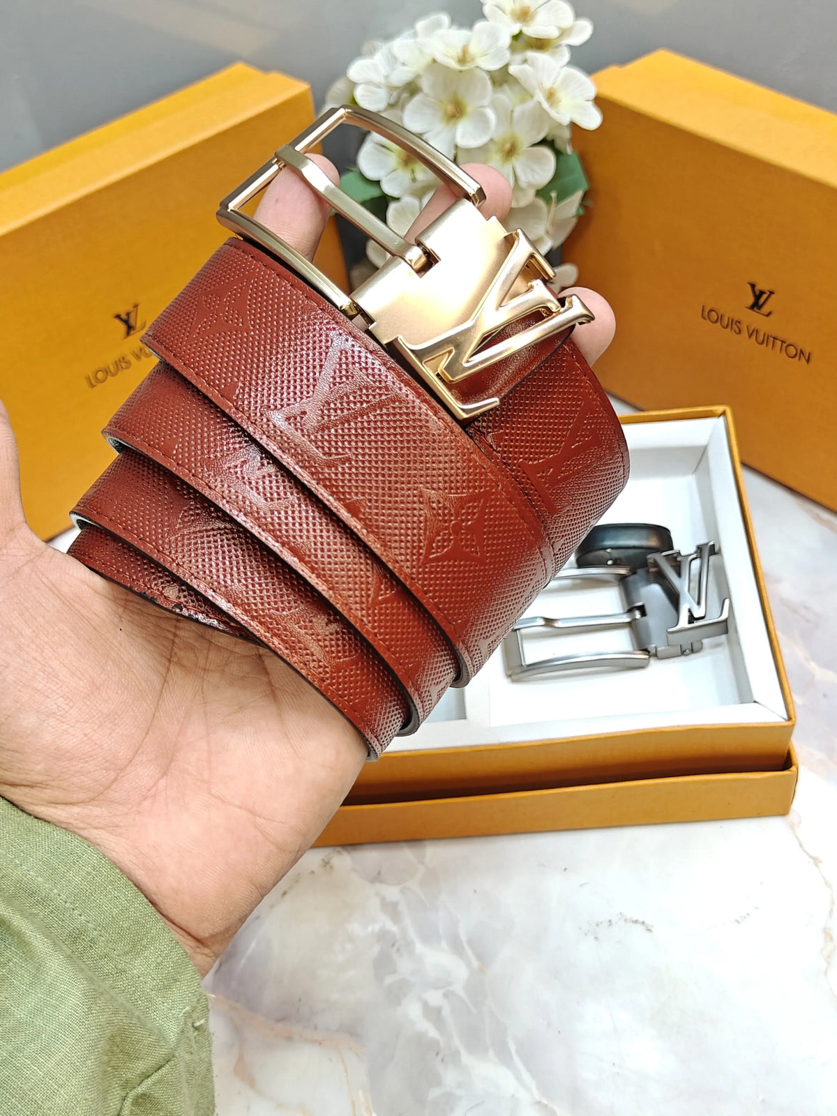 LV LOUIS VUITTON PREMIUM QUALITY TWO BUCKLE WITH EMBOSSED STRIP COMBO WITH OG BOX