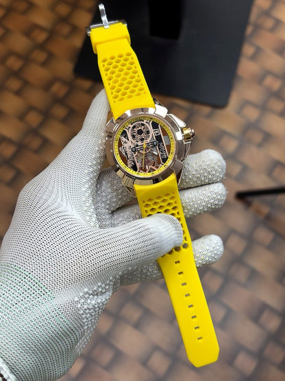 Jacob Co CR7 Limited Edition timepiece featuring skeletonized dial with a yellow rubber