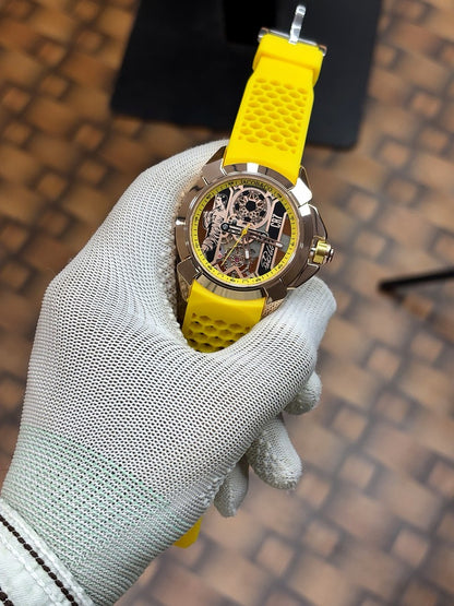 Jacob Co CR7 Limited Edition timepiece featuring skeletonized dial with a yellow rubber