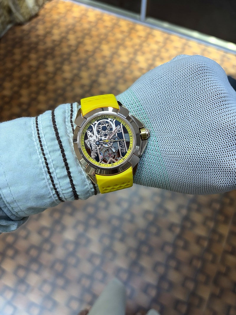Jacob Co CR7 Limited Edition timepiece featuring skeletonized dial with a yellow rubber