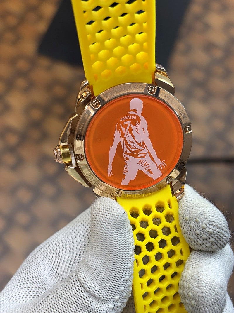 Jacob Co CR7 Limited Edition timepiece featuring skeletonized dial with a yellow rubber