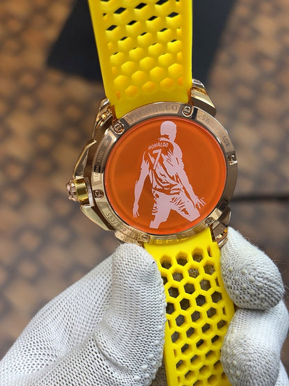 Jacob Co CR7 Limited Edition timepiece featuring skeletonized dial with a yellow rubber