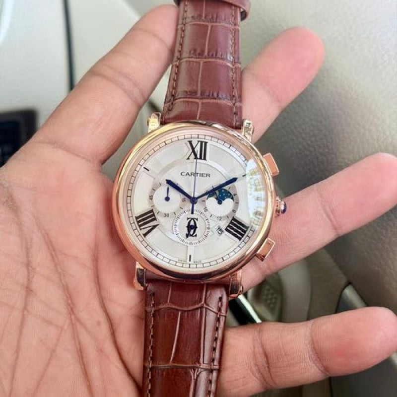 cartier,pasha chronograph roman dial rose gold leather strap quartz watch