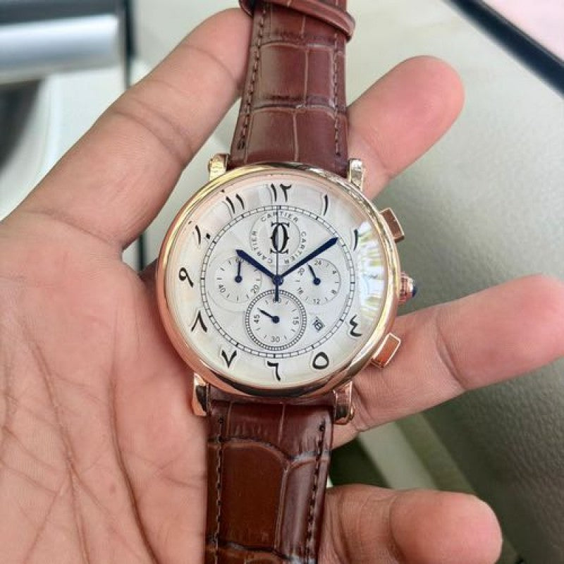 Cartier Pasha Chronograph Arabic Dial Rose Gold Leather Strap Watch