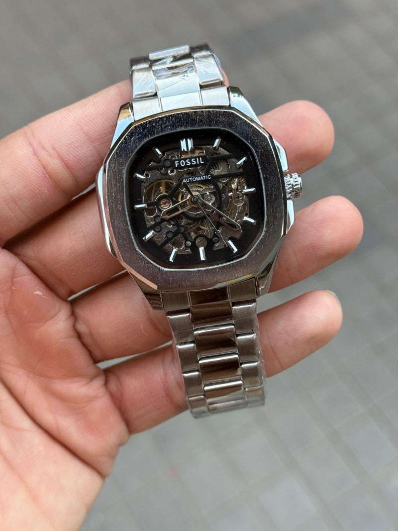 Fossi l Skeleton Square Automatic Silver Black