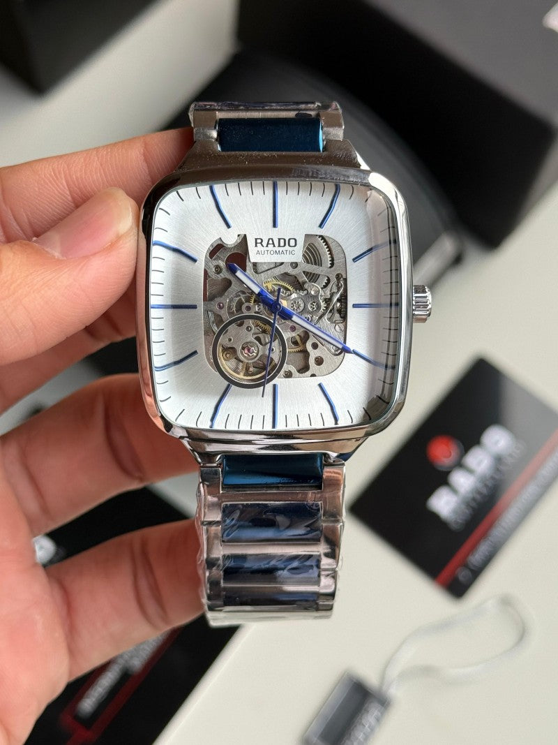 Rad o True Square Skeleton Automatic Silver Blue White Dial