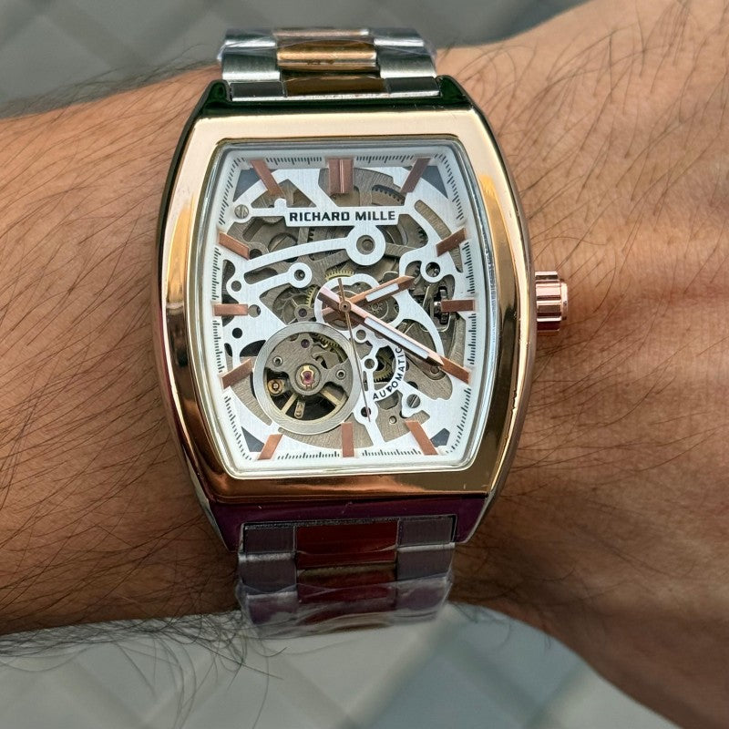 Richard Mill e Open Heart Skeleton Rectangular Two Tone White Dial