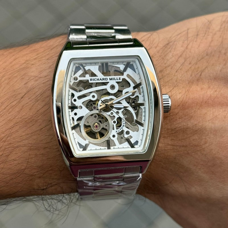 Richard Mill e Open Heart Skeleton Rectangular Silver White