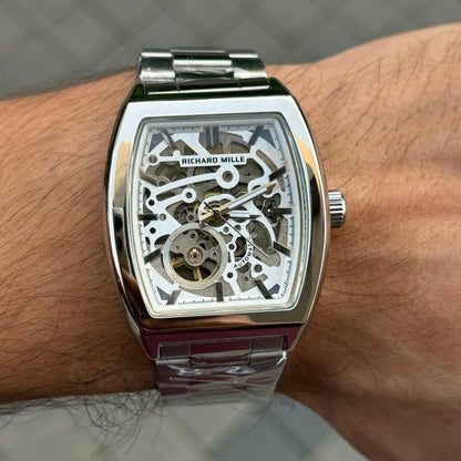 Richard Mill e Open Heart Skeleton Rectangular Silver White