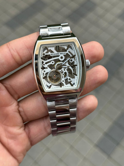 Richard Mill e Open Heart Skeleton Rectangular Silver White