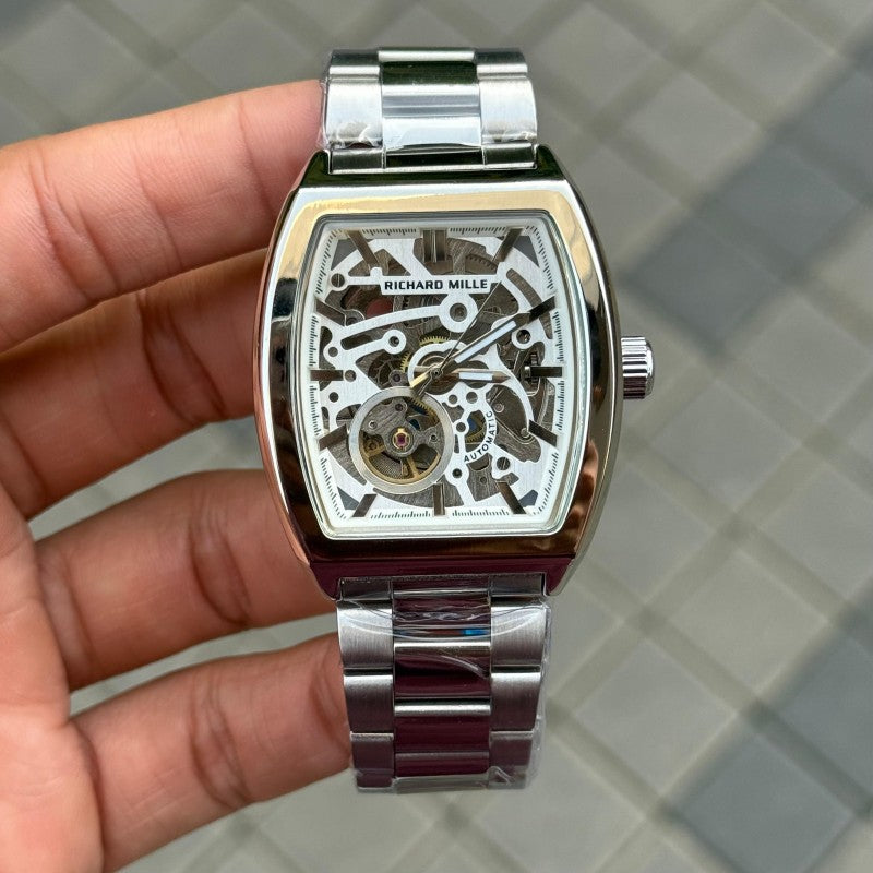 Richard Mill e Open Heart Skeleton Rectangular Silver White