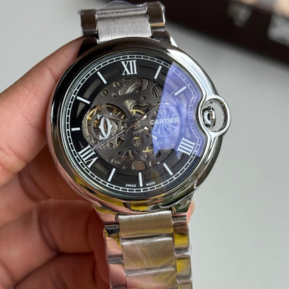 Cartie r Ballon Skeleton Premium Automatic Movement Silver Black