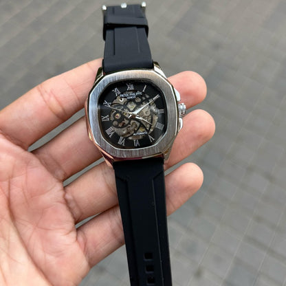 Patel Phillep e Skeleton Automatic Silicone Silver Black