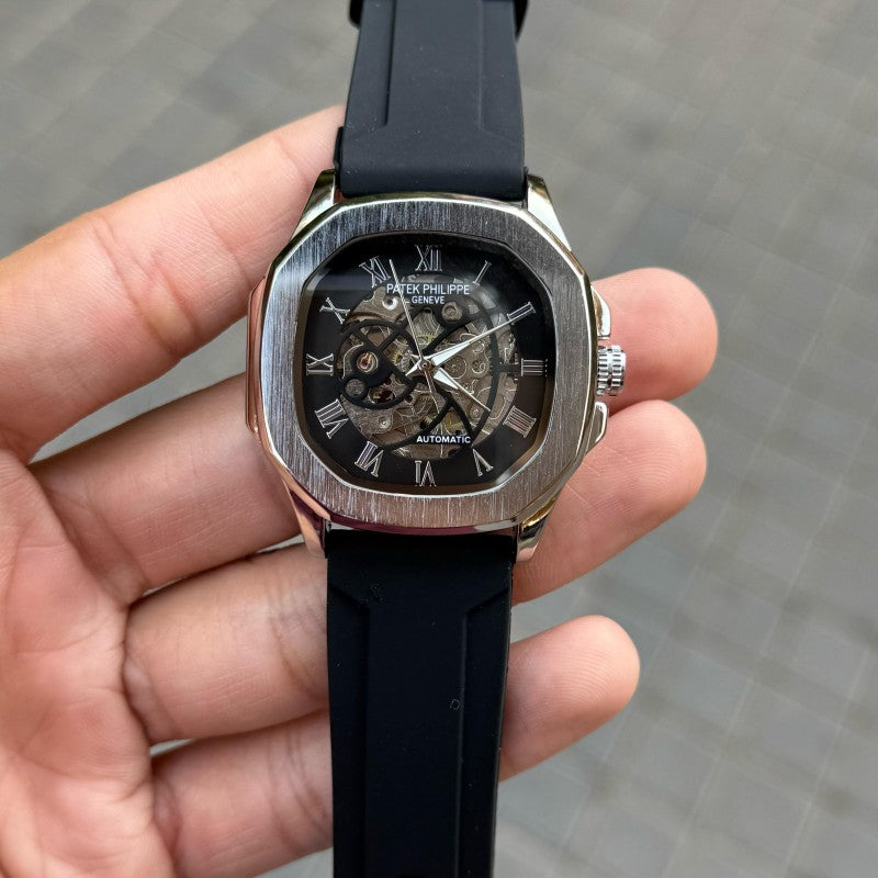 Patel Phillep e Skeleton Automatic Silicone Silver Black