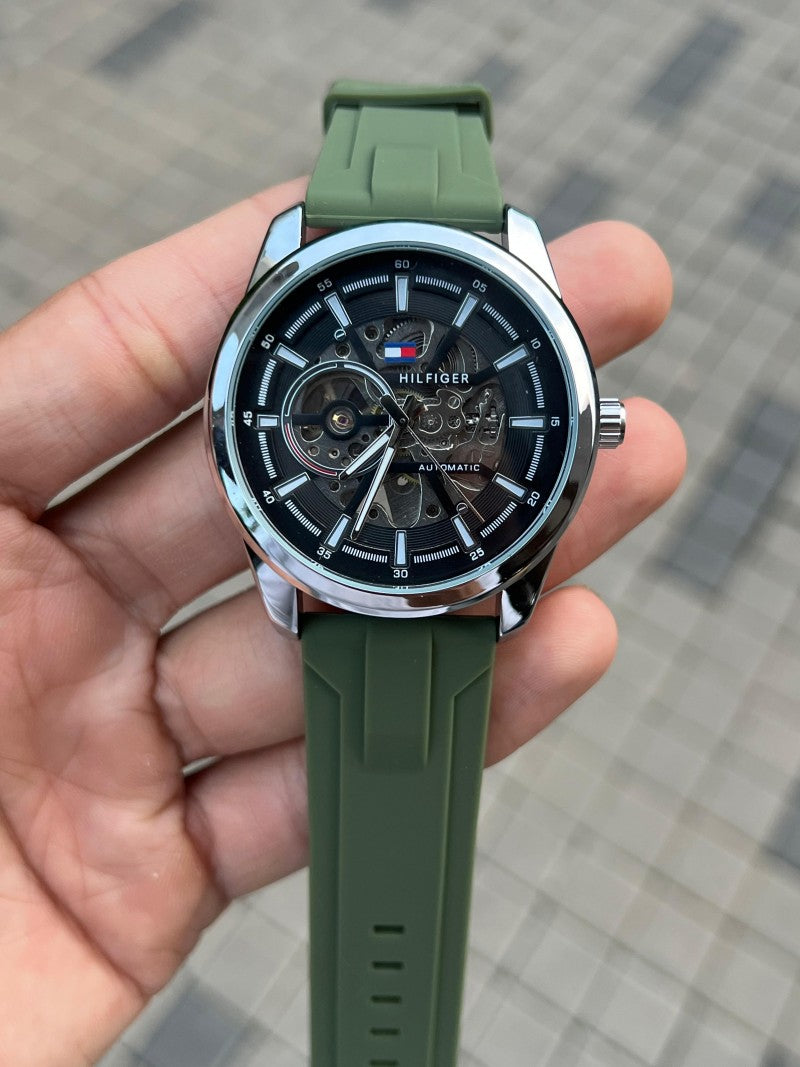 Tommy Hilfige r Automatic Silver Green Silicon